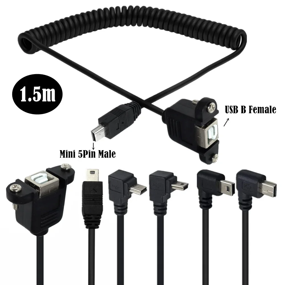ฤดูใบไม้ผลิ Mini USB 5pin ชายข้อศอก USB 2.0 B ประเภทหญิงพร้อมแผง Mount Hole ยืดขดสาย 1.5 m