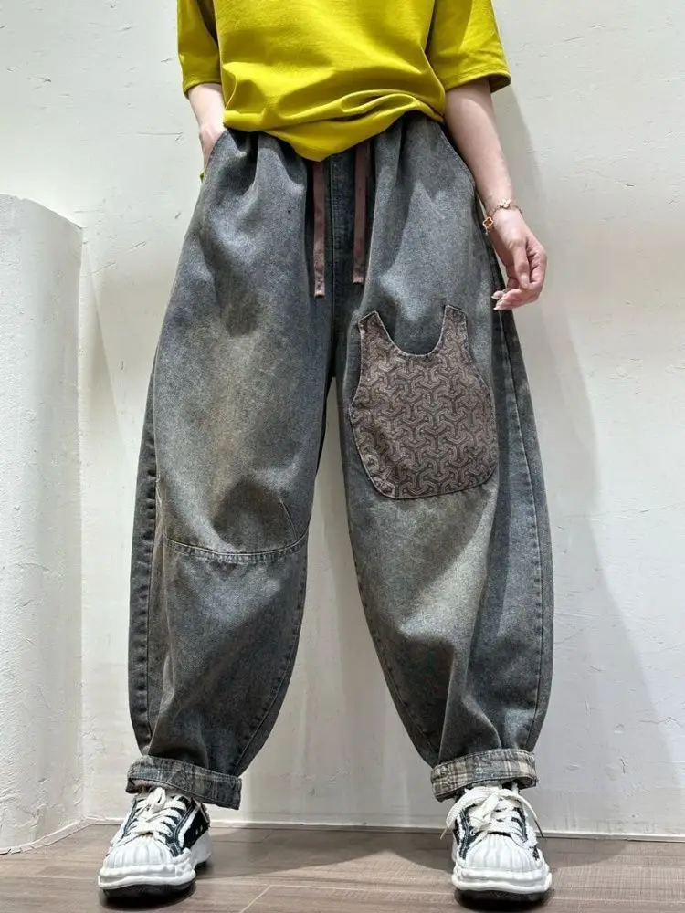Spring Autumn Women Jeans New Vintage Large Pockets Drawstring Loose Plus Size Jeans Harem Pants Ripped Jeans Denim Trousers