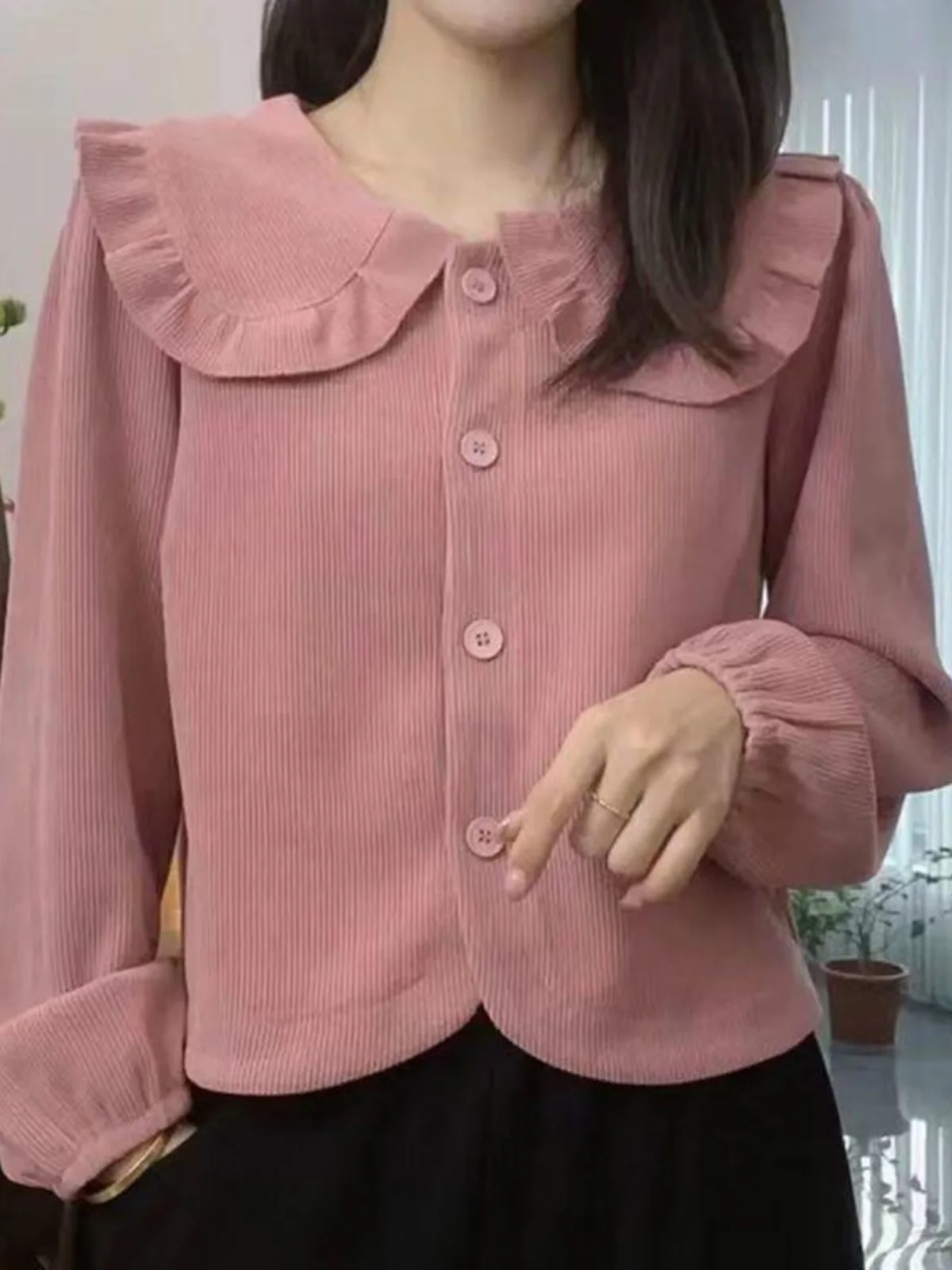 Autumn 2024 Women's Plaid Corduroy Shirt Short Sleeve Long Doll Collar Design Sweet Style Casual Comfortable Polyester Fiber