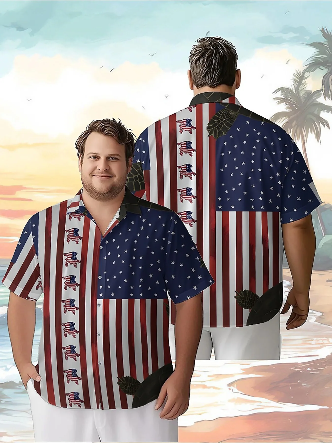 

Men's Plus Size Hawaiian Shirts Turtle and Stars and Stripes Pattern,Unisex Baggy Aloha Shirts,Alternative Clothing