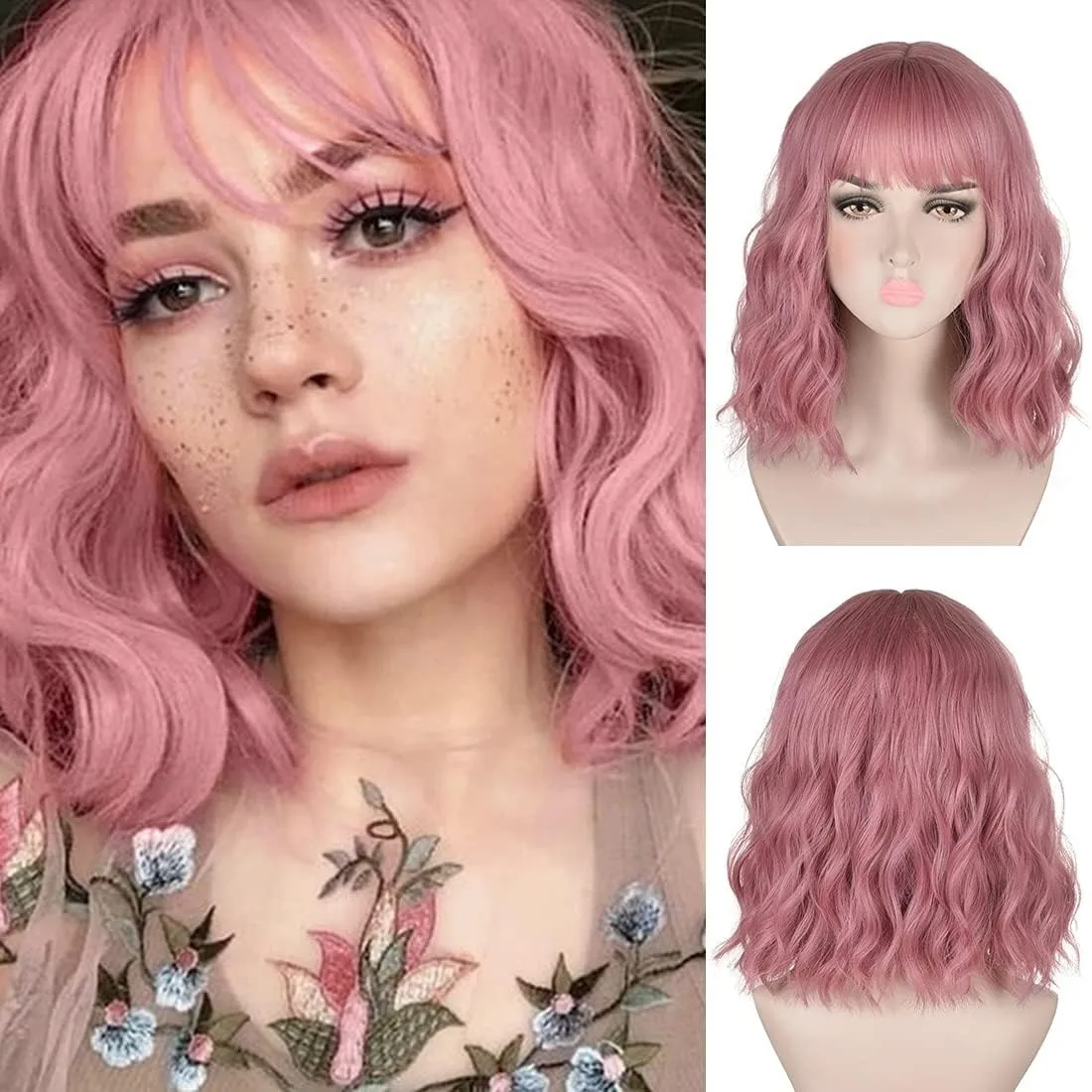 

DUSKY PINK WIG FRINGE BANGS FVCENT SOFT WAVY CURLY BABY SHOULDER LENGTH MEDIUM