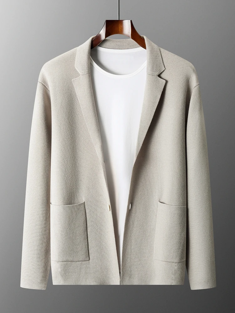 Spring Autumn Knitwear 100% Merino Wool Men's Sweater Suit Collar Solid Color Single Breasted Pocket Cardigan Soft Basic Tops
