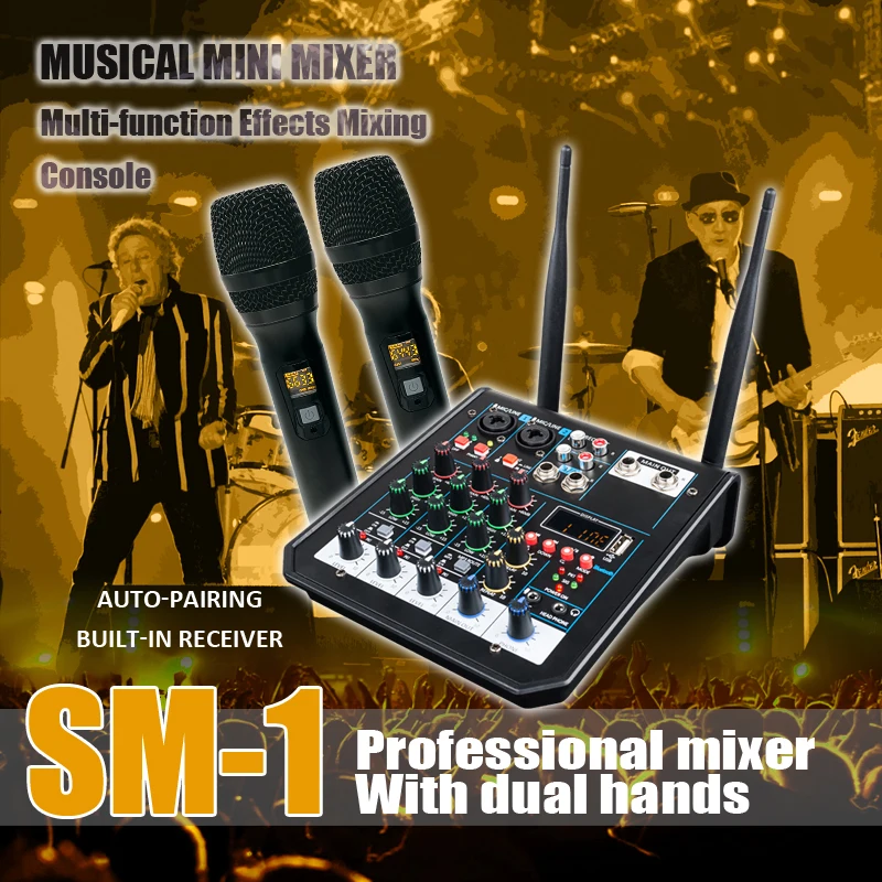 4 Channel Audio dj Mixer Console with Bluetooth Mixer UHF Wireless Microphone for Home Karaoke Stage Studio