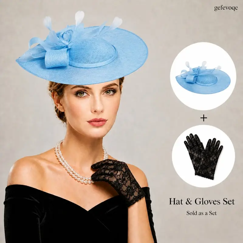 

2PCS Womens Bow Feather Fascinator Hat & Lace Gloves Set Elegant Headpiece for Wedding Bridal Tea Cocktail Party