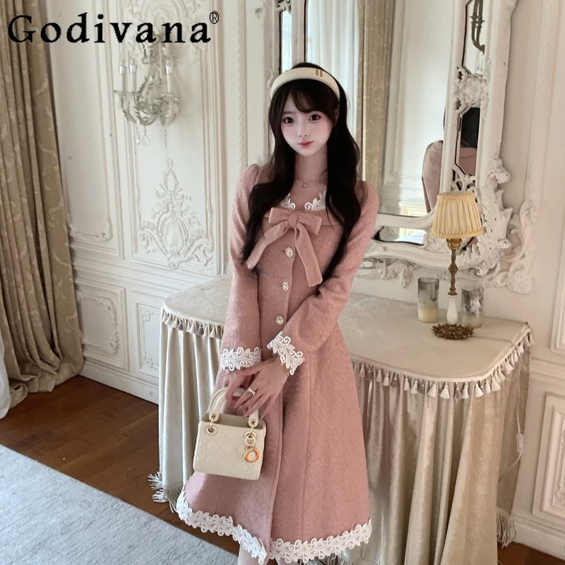 

Warm Winter Pink Gentle Long Dress Female High Waist Princess Warm Woolen Dress Women's Japanese Style Sweet Lace Dress