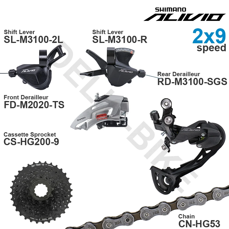 SHIMANO ALIVIO M3100 2x9 speed Groupset with Shifter REAR and M2020 Front DERAILLEUR HG200 HG201 Cassette Sprocket COG Chains