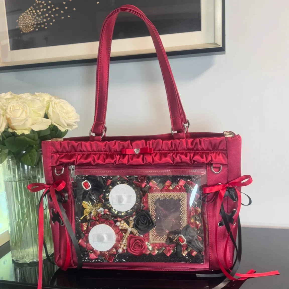 Japanese Original Design Satin Hemmed Ribbon Lta Bag Women's Lolita Tote Bag Large Capacity Shoulder Messenger Bags for Women