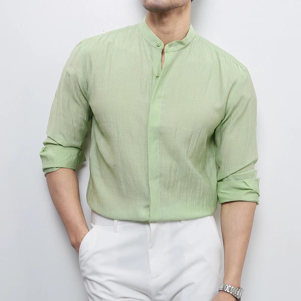 

New Chinese Stand-up Collar Pleated Shirts Summer Men's Fashion Long Sleeved Thin Breathable Comfortable Casual Versatile Shirt
