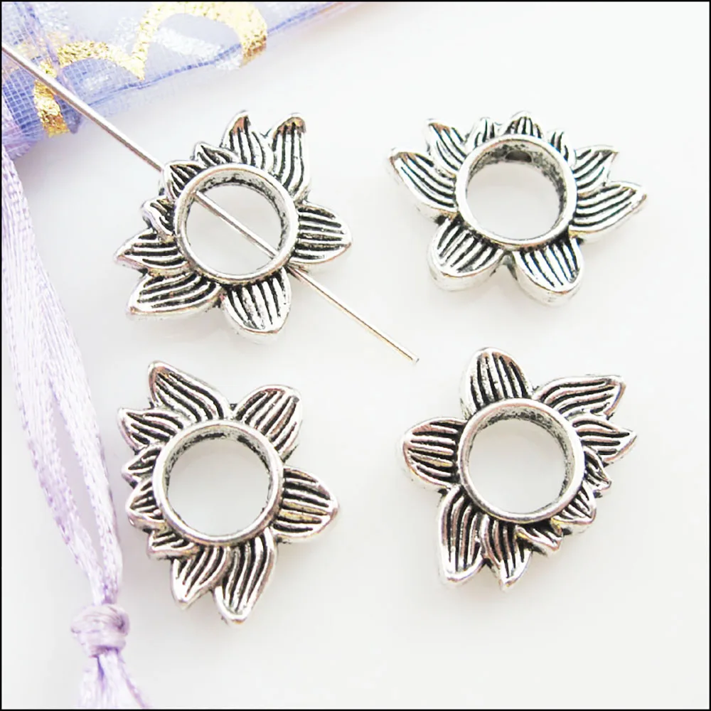 15Pcs Tibetan Silver Color Lotus Flower Spacer Beads Frame Charms 13.5x19mm