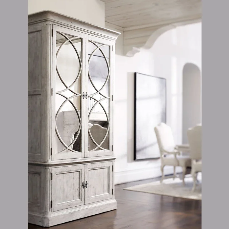 

z Rural Solid Wood Bookshelf French Retro Vintage Carved Oak Storage Display Cabinet Villa Style Furniture