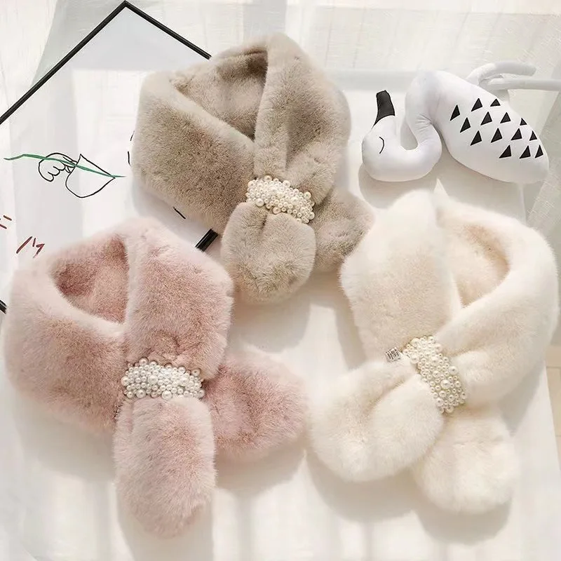 Korean Women Pearl Faux Rabbit Fur Collar Cross Plush Scarf for Female Winter Outdoor Thicken Neck Protection Warm Shawl Gifts