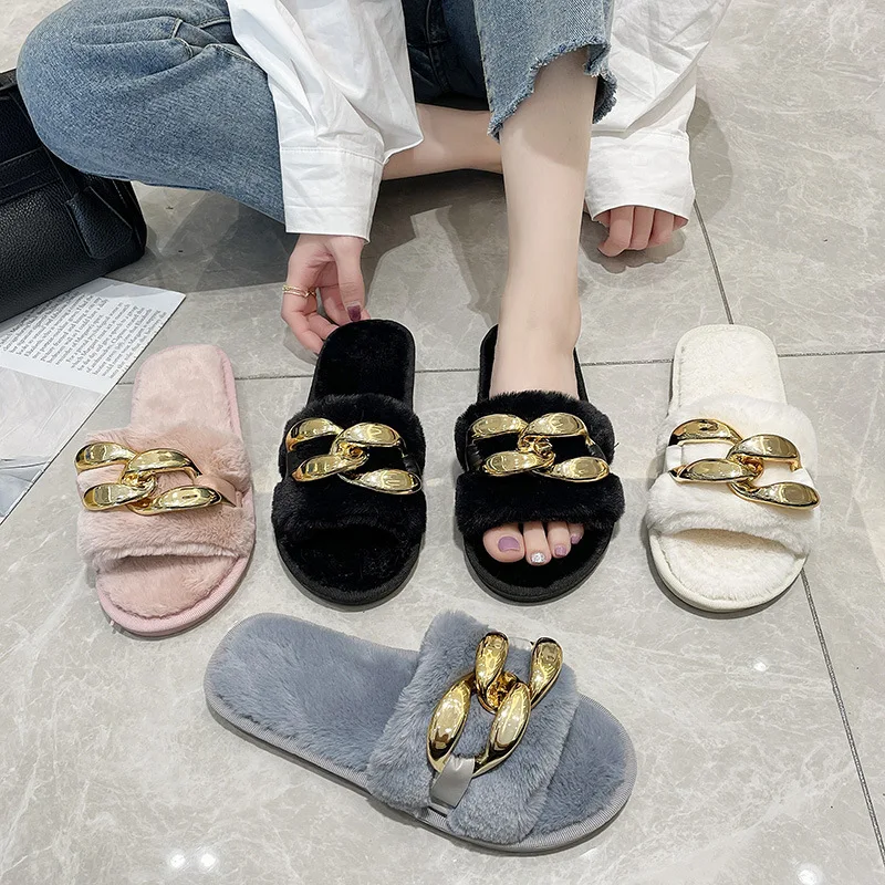 

Plush Slippers Winter Women Faux Fur Chain Slip On Flats Female Warm Comfort Outdoor Home Open Toe Fashion Cotton Slippers