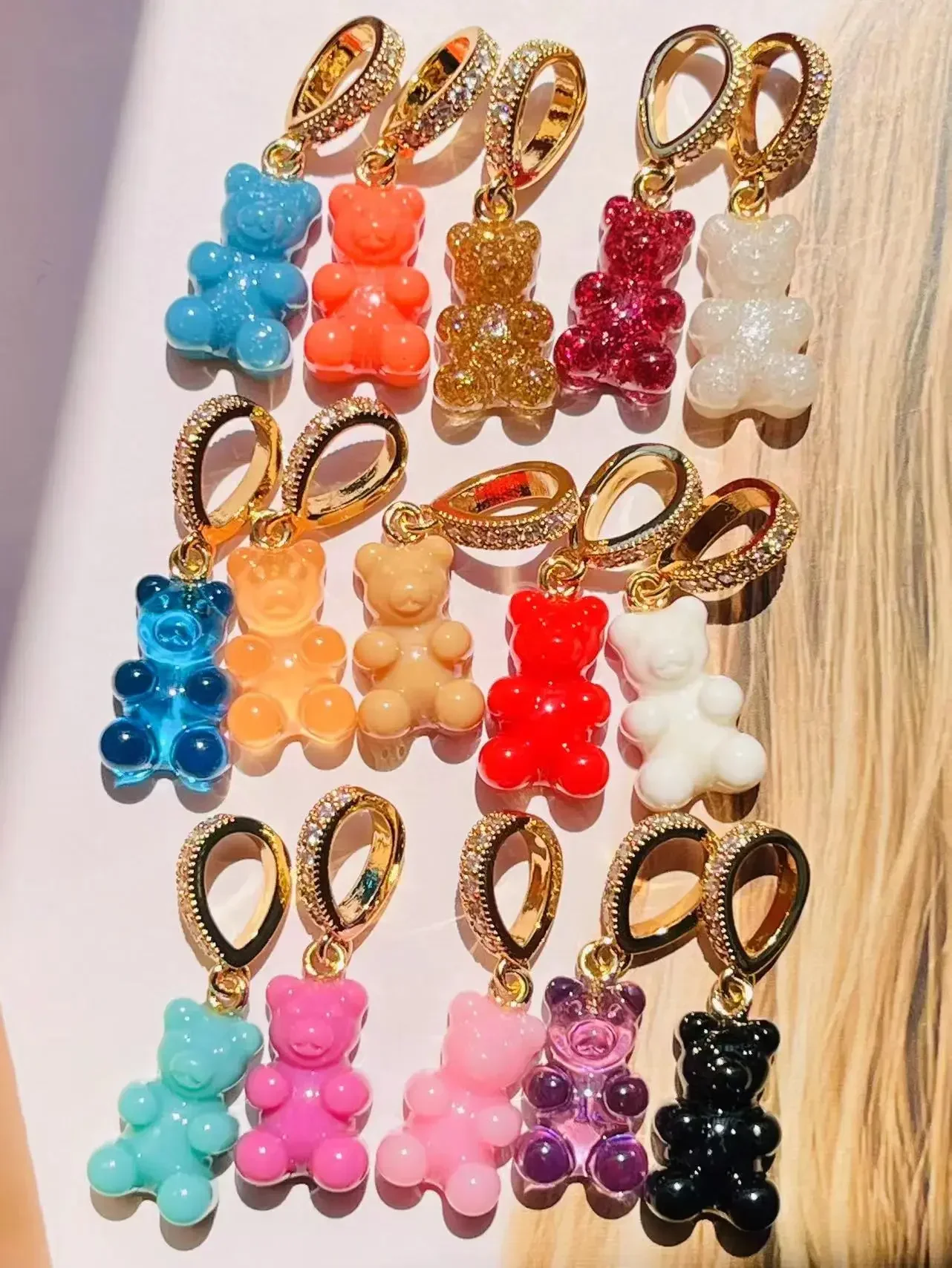 Korean Colorful Bear Charms Necklace Pendant Gold Crystal Zircon Resin Bears Charms for Women Men Necklace High Quality Jewelry