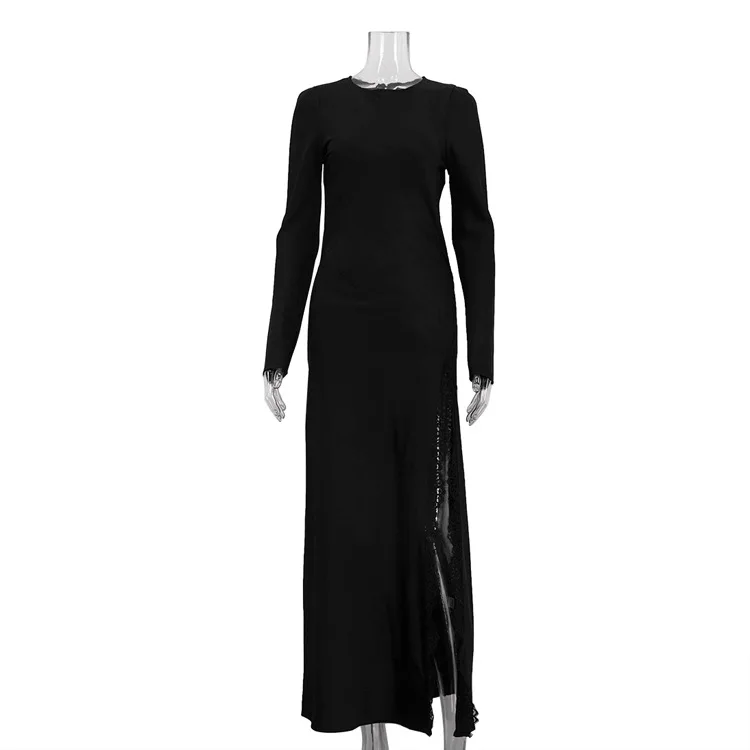 2025 แฟชั่นหลวมชุดซาตินสีดําผู้หญิง Elegant O-คอยาวแขนยาวข้อเท้าความยาวชุดเซ็กซี่หญิงชุดยาว