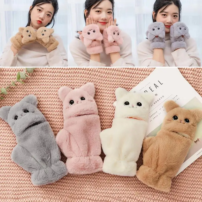 Plush Warm Gloves Half Finger Winter Gloves Rabbit Fur Cat Mittens Cartoon Fashion Simple Soft Thicken Flip Fingerless Gloves