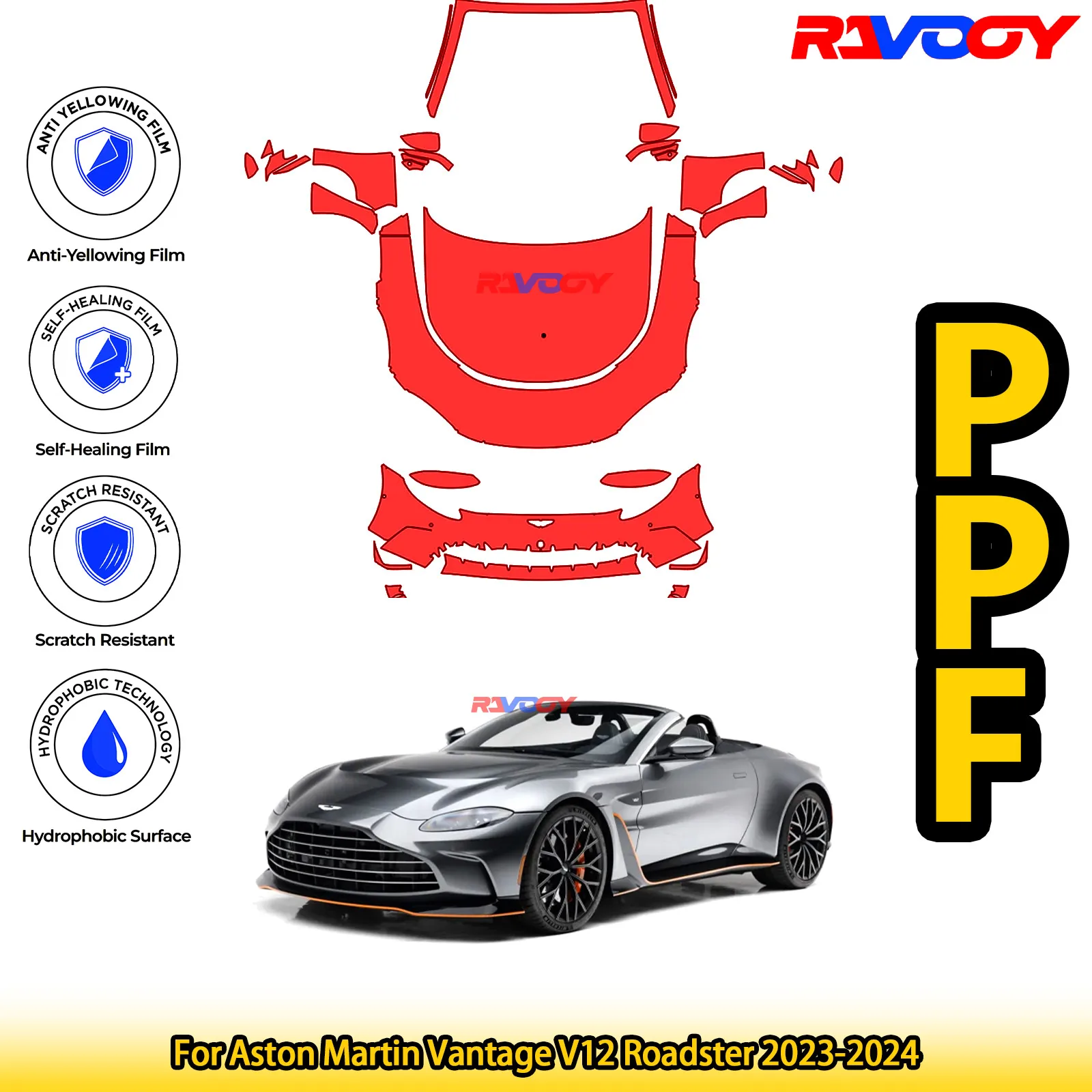 

For Aston Martin Vantage V12 Roadster 2023-2024 Glossy Matte Black Precut front PPF Kit Paint Protection Film
