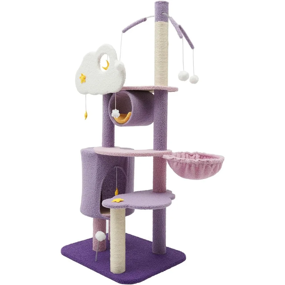 

Multi-Level Cat Climbing Frame with Condo, Scratching Posts & Pom-Poms, Cute Purple Cat Tower Scratching Post Space-Saving Desig