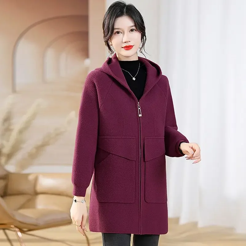 Middle-Aged Women High-End Cashmere Coat Female Elegant Hooded Fashion Mid-Length Wool Outwear Casual Large Size 6xl Outcoat