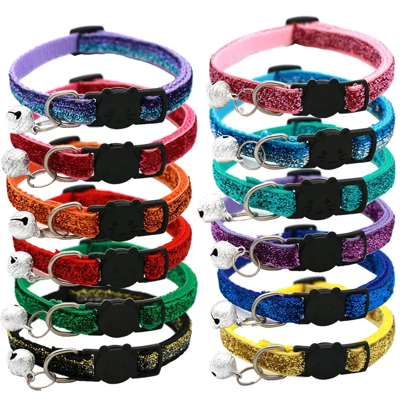 Shiny Cat Collar with Multicolor Bell Face Safety Clasp Cat Canary Collar Can Hang Tag To Prevent Getting Lost Pet Accessories