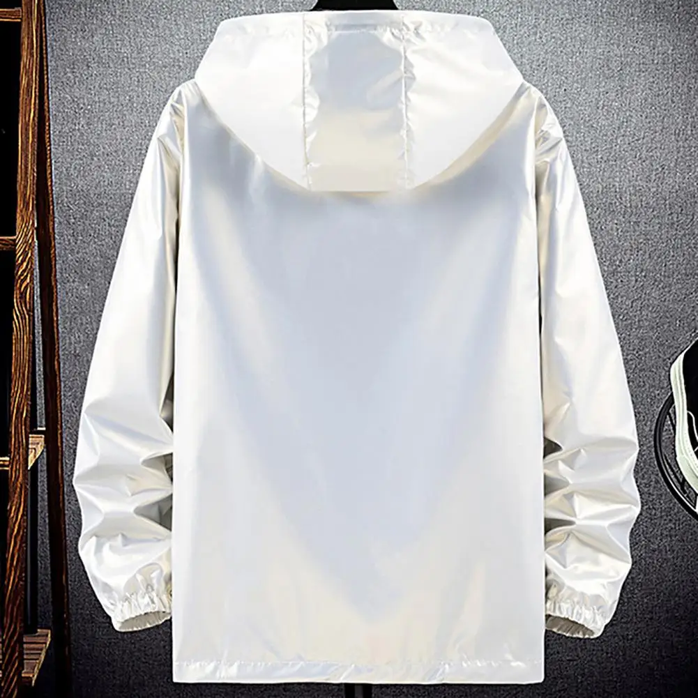 อินเทรนด์ผู้ชายฤดูใบไม้ผลิฤดูใบไม้ร่วง Elastic Cuff Glossy กันน้ำ Windbreaker Zipper Hooded Coat Bright เสื้อกันหนาว Cardigan Outerwear