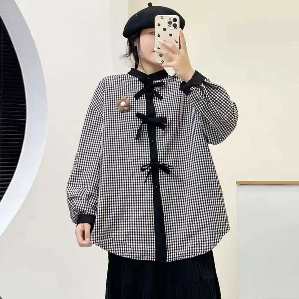 

Японские винтажные клетчатые рубашки с бантом Mori Girl, утепленные флисовые рубашки, женские осенне-зимние повседневные свободные блузки с воротником-стойкой и длинными рукавами, топы