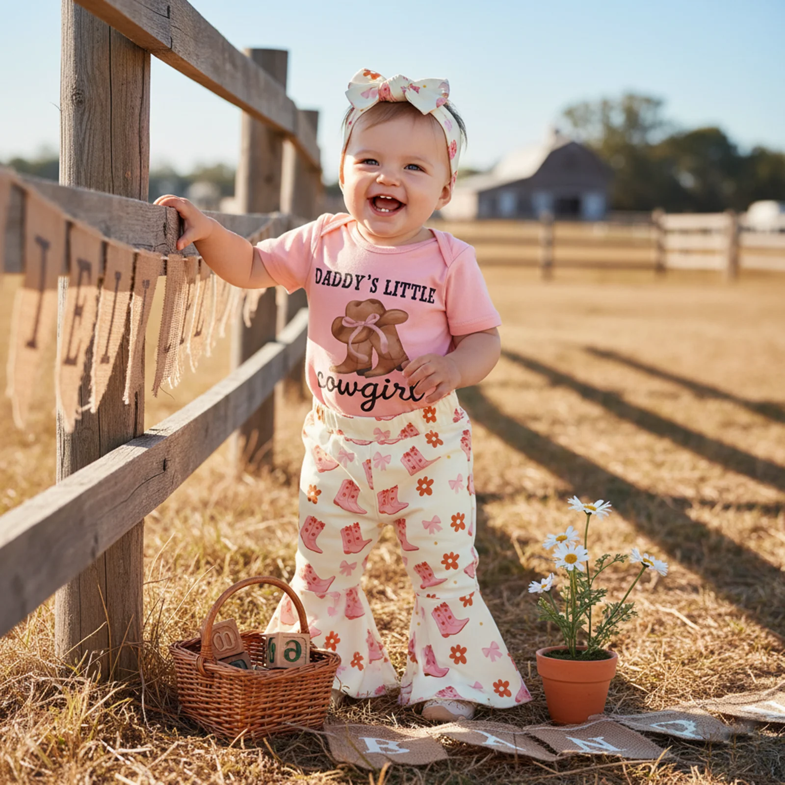 Baby Girl Western Outfit Boots Letter Print Short Sleeve Romper Flare Pants and Headband 3 Piece Set