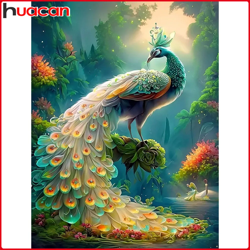 Huacan Vollständiges Diamant-Malset Pfau im Wald Diamant-Mosaik Tier-Landschaft Komplettes Set Handgefertigtes Geschenk