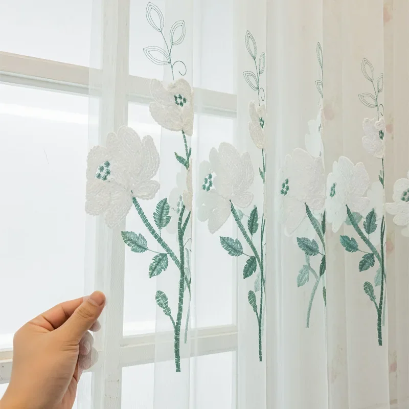 Transparent Embroidered Blue American Countryside Flower Gauze for Living Dining Room Bedroom Translucent Fabric Curtains