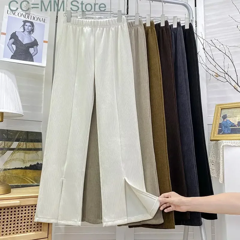 New Women Pants Vintage Split High Waist Corduroy Wide Leg Full Length Loose Trousers Fall Winter Fashion Bottoms