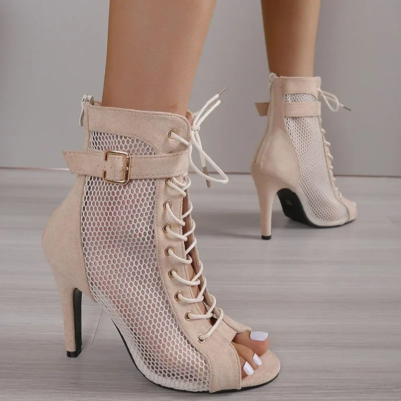 

Sandals Hollowed Mesh Heels Belt Buckle Women's Summer Beige Lace-up Sexy Open Toe Boots Stiletto Jazz Dance Party Ladies Shoes