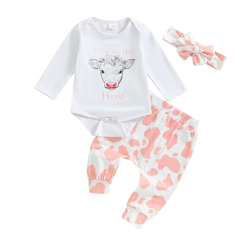 

Newborn Baby Girls Coming Home Outfits Letter Cow Romper Animal Floral Print Pants Hat Infant Western Clothing Sets