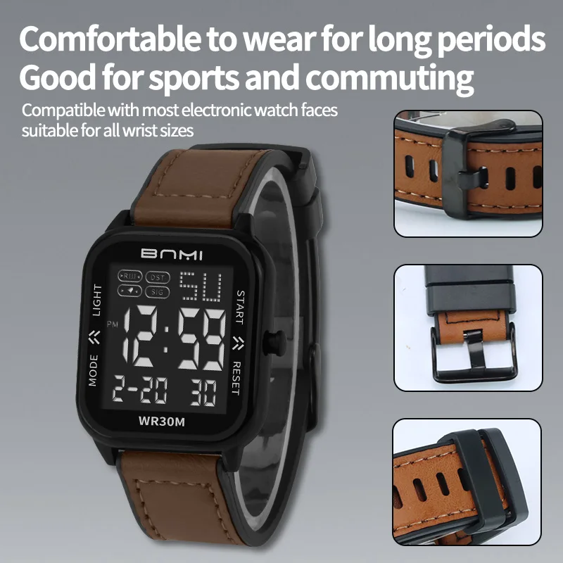 Square Dial Digital Sports Watch Dark-Colored Silicone Band Waterproof Multi Function Stopwatch Alarm Electronic Watch For Men