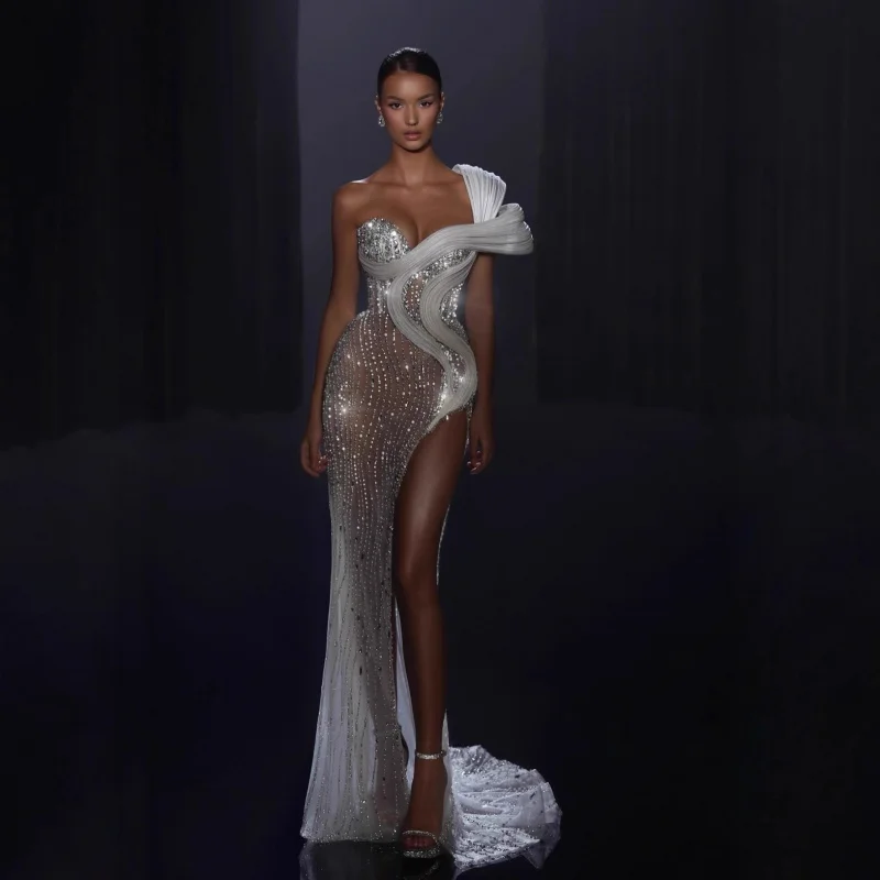 

Новое поступление, женское независимое брендовое белое облегающее вечернее платье без бретелек с тяжелыми украшенными бриллиантами и открытой шпилькой для похудения