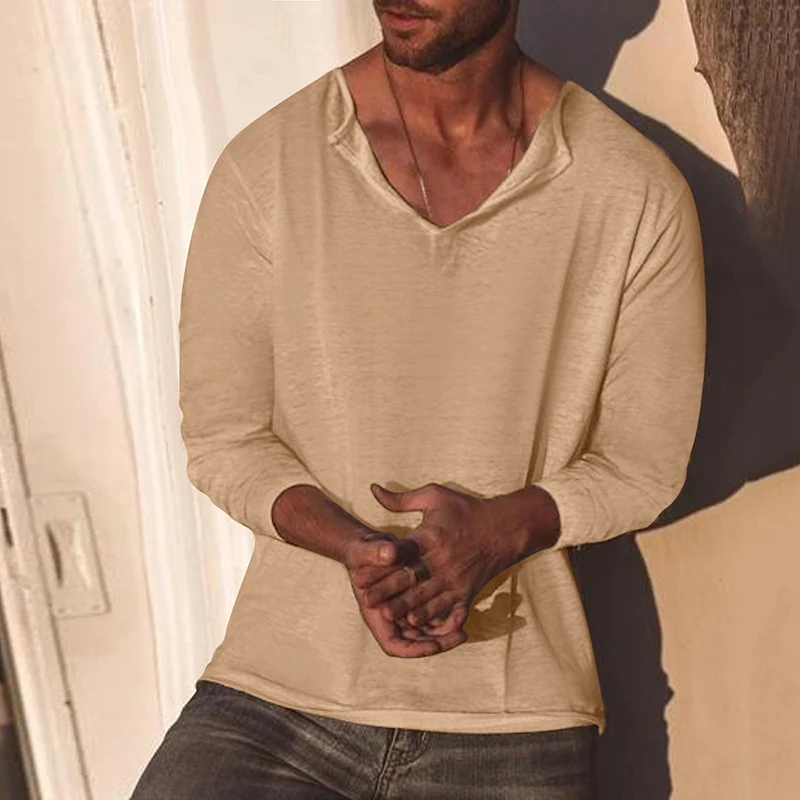 Casual Oversized Mens Tops Cotton Linen Solid Color Loose Long Sleeve V Neck T Shirt Beach Style Men Leisure Pullover Streetwear