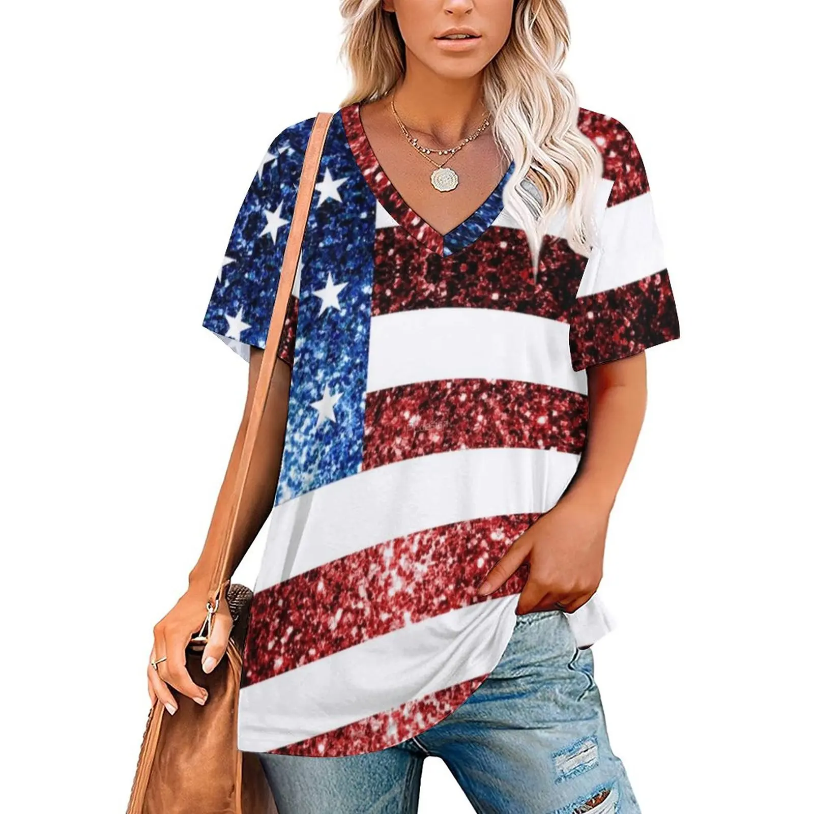 American Flag Red Blue T-Shirts Faux Sparkles Glitters Trendy Casual V Neck T Shirt Short Sleeve Kawaii Oversize Tees Print Tops