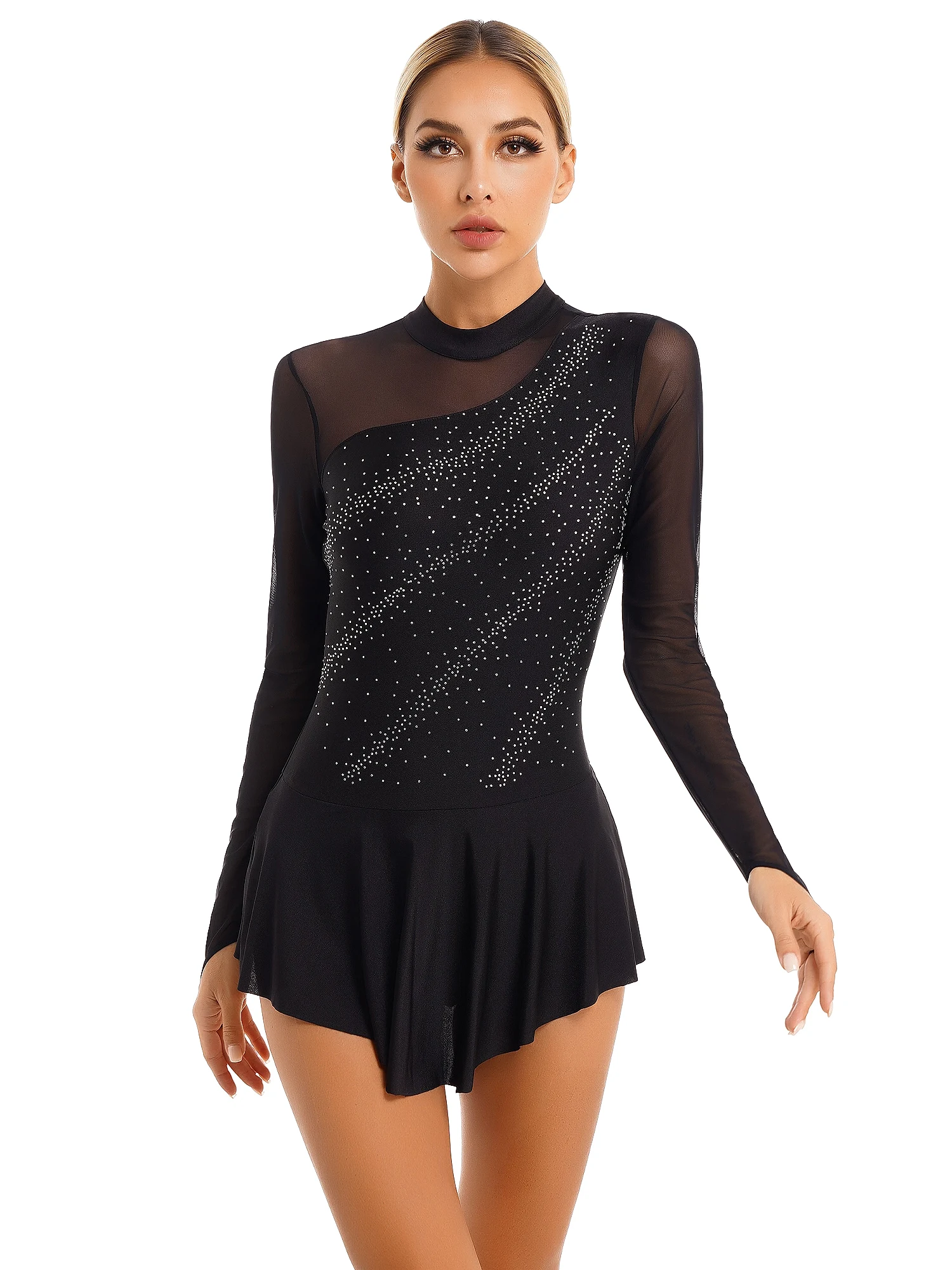 Women Fancy Skating Dress Glitter Rhinestone Sheer Mesh Splice Ballet Latin Jazz Dance Stage Performance Gymnastics Unitard