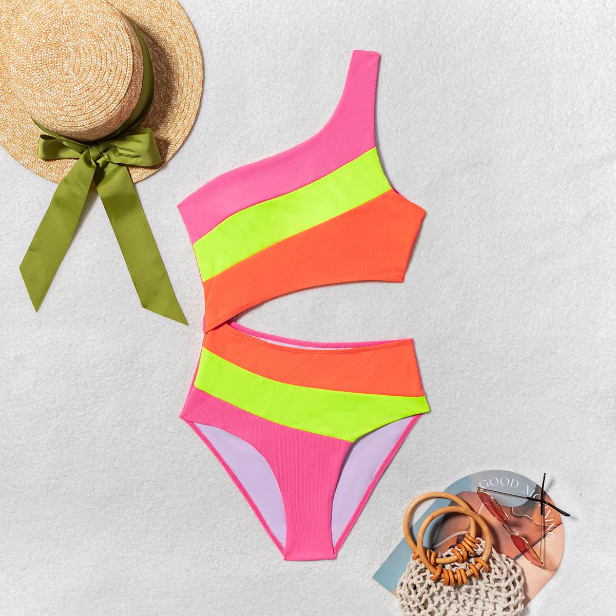 

Женский купальный костюм монокини контрастного цвета на одно плечо, ажурные купальники без рукавов, летние купальники, бикини