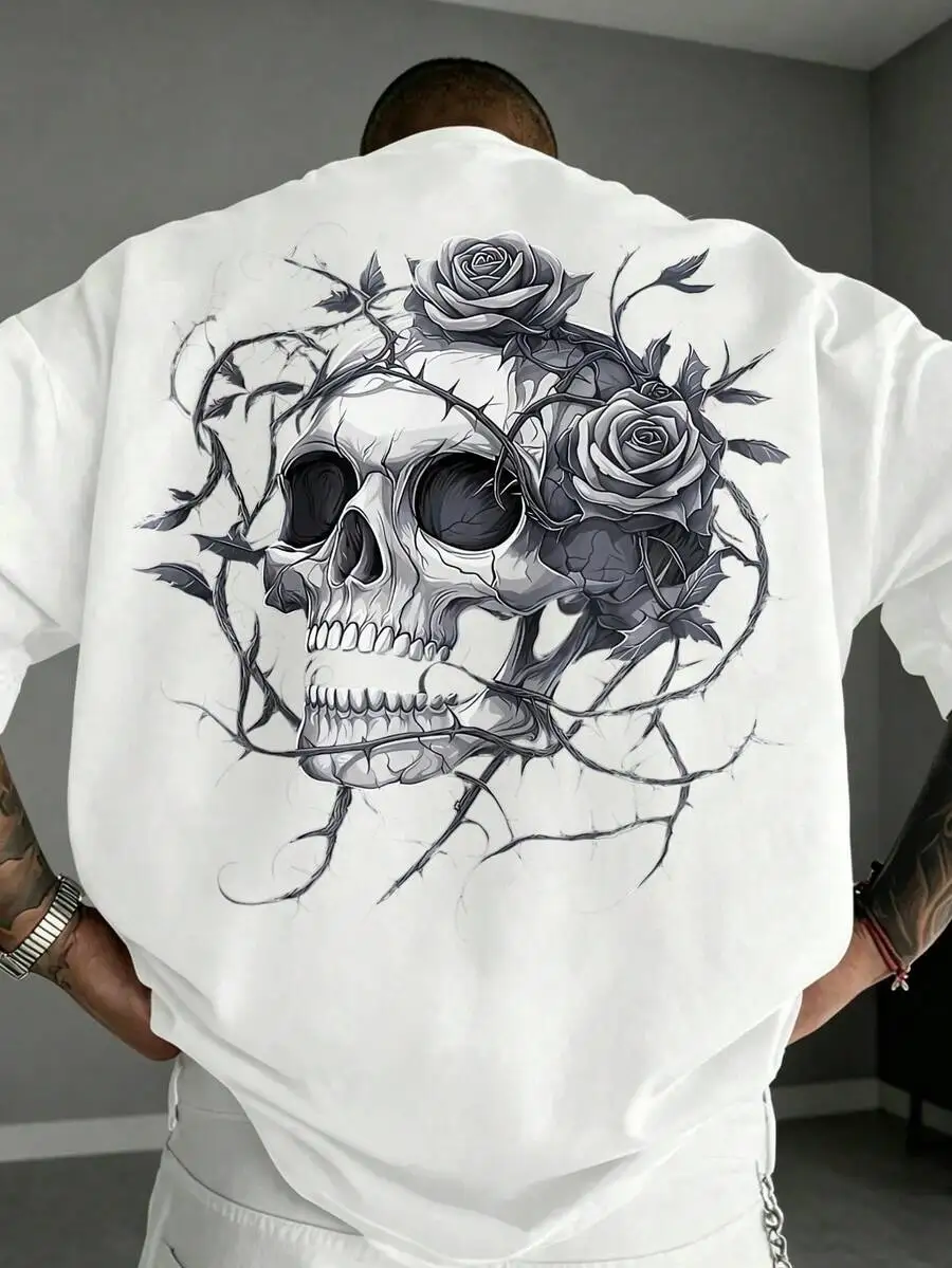 Back Print Gothic Skull With Thorns And Roses T-Shirt, Dark Romantic Rose Thorn Skeleton Graphic Tee For Men Women, Alternative Macabre Casual Top