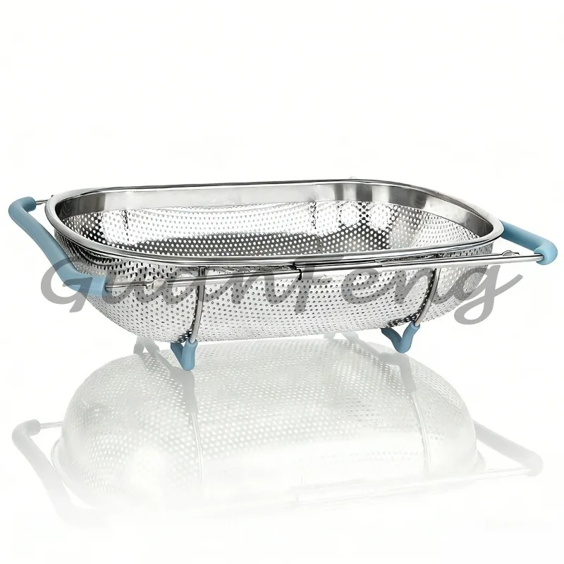 Over‑Sink Stainless Steel Colander With Telescopic Handle, Metal Mesh Fruit Vegetable Washing Strainer Basket
