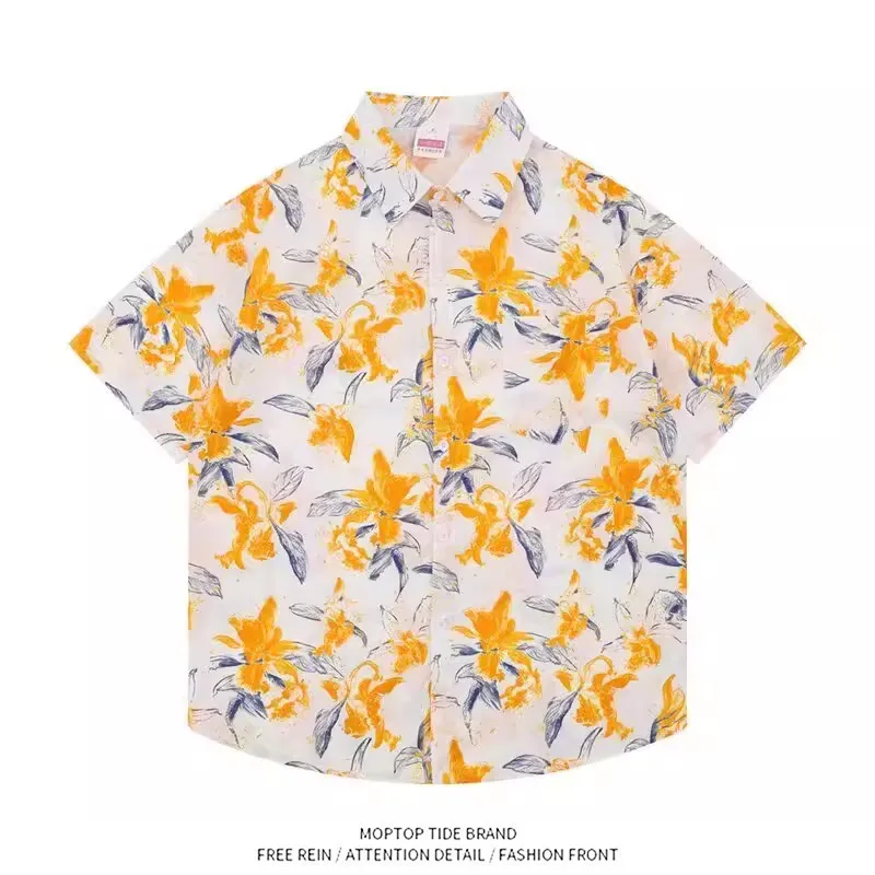 

Orange Floral Print Short Sleeve Casual Loose Fit Men's Shirt Artistic Vintage Versatile Top Youthful Polyester Fiber