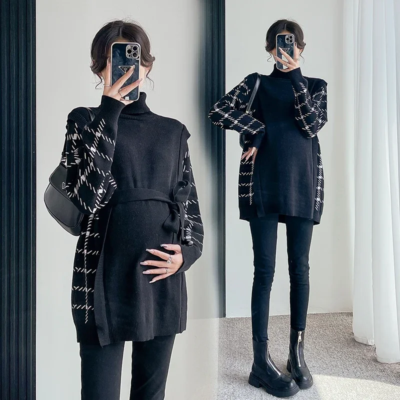 

Patchwork Knitted Maternity Sweaters Large Size Loose Ties Waist Shirt Clothes Winter Pregnant Women Pregnancy clothing