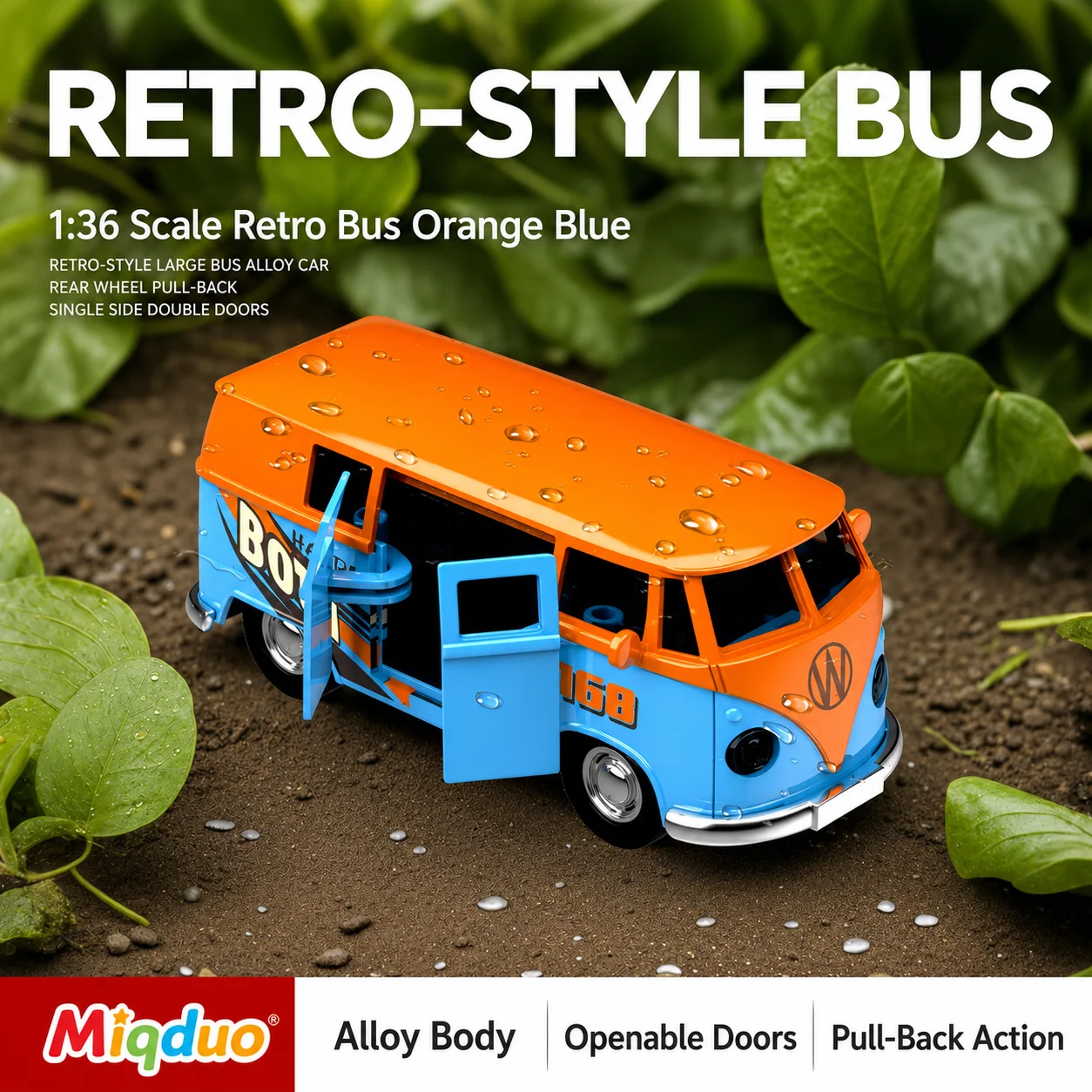 MQUDUO 1:36 Retro-Style Bus Diecast Model Open Doors Friction Powered Rubber Tires Detailed Miniature Display Collectible