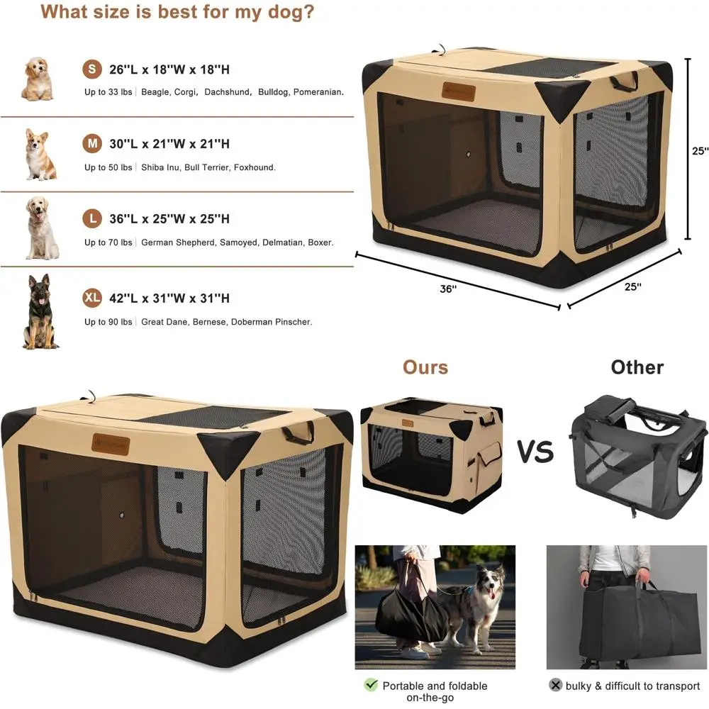 

Складная переноска для крупных собак на 4 двери с сетчатыми окнами для путешествий и использования на улице, портативный вольер для животных, бежевый