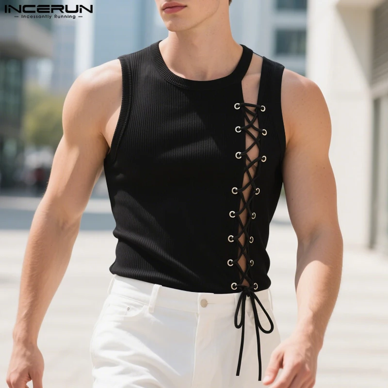 INCERUN Men Tank Tops Solid Color Hollow Out O-neck Sleeveless Male Vests Summer Streetwear Knitted Lace Up Fashion Men Clothing