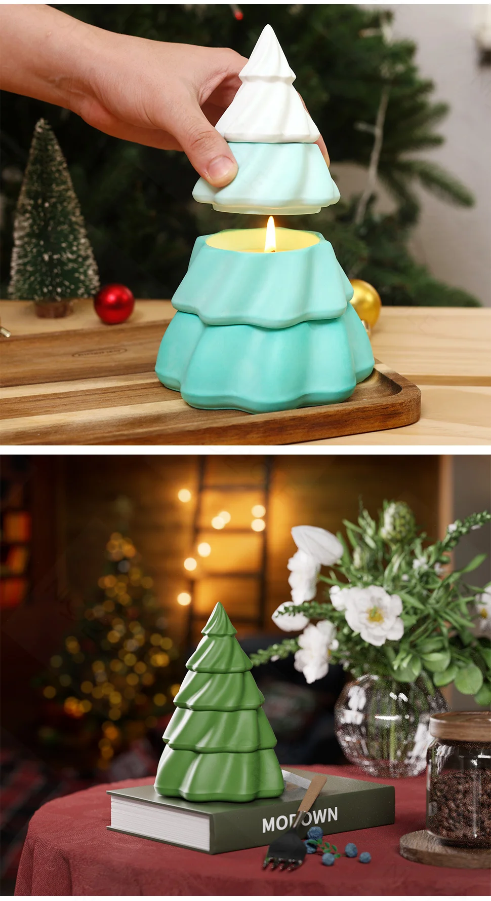 Mystical Stacking Christmas Tree Jesmonite Candle Jar Silicone Mold For Lid Handmade Concrete Candle Vessel Mould Home Decor