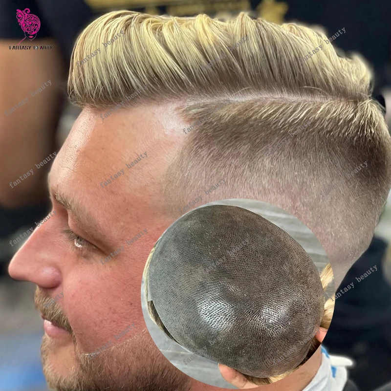 

Европейские мужские человеческие волосы Ombre Blonde 4T/613 # Супер натуральный 0,06 мм прочный тонкий кожа Vloop серый мужской парик капиллярный протез