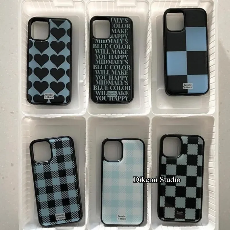 

Korean ins Black and Blue Grid Minimalist Phone Case for iPhone 17 16 15 14 13 12 11 PRO MAX PLUS 17air 16e XR Drop Glue Cover