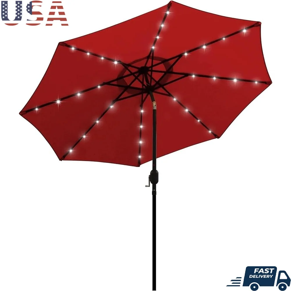 

9-футовый зонт для патио со светодиодной подсветкой на солнечной энергии, зонт для уличного рынка, садовая терраса, бассейн на заднем дворе, пляжный тент, наружное освещение 32