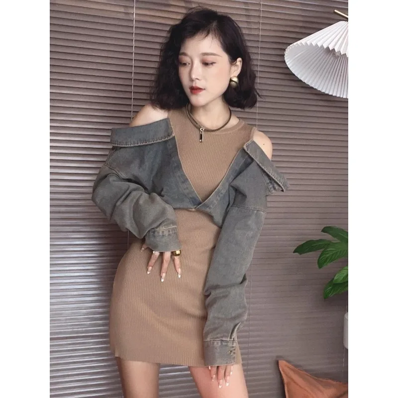 Dames nieuwe herfstrok woon-werkverkeer lichte luxe herfstjurk korte bovenkleding jonge splitsing off-the-shoulder prachtige vrije tijd