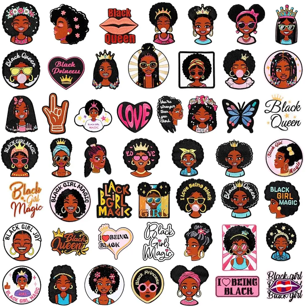 

50 Pcs Black Girl Magic Iron on Patches Afro Girl Embroidered Applique Patches Set Cool Custom Queen Repair Sew on Patch for